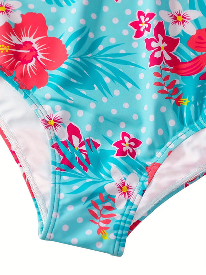 Blue Swimwear Kids Girl Long Sleeve Swimming Suit Tropical Plants Floral Print Swimsuit Bikini-Cut Bottom Hot Summer Beach Water