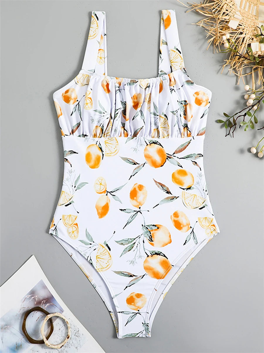 Pleated Front Swimsuit One Piece Printed Swimwear Women Bodysuit Lady Bathers Bathing Swimming Swim Beachwear Summer