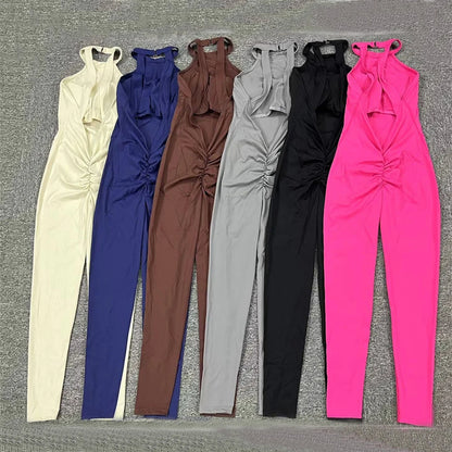 Pad Scrunch Backless Yoga Sport Jumpsuit Women Monkeys One Piece Gym Outfit Legging Fitness Overalls Workout Pant Clothing