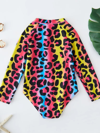 Girls Swimsuit Long Sleeves One Piece Swimwear for Kids Toddler Leopard UPF50+ Rash Guards Infant Bathing Suit
