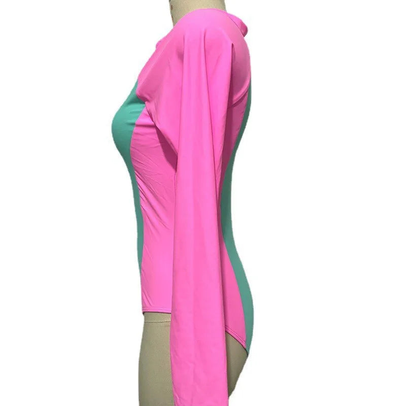 Patchwork One-Piece Swimsuit Long Sleeve Swimwear Sports Backless Women's Swimming Bathing Suit Beach Wear Bather Surfing