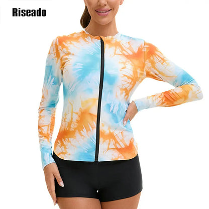 Women's Long Sleeve 2 Piece Body Cover Rash Guard Swimwear Zip Front UPF50+ Surfing Wetsuit Two Piece Tankini Set