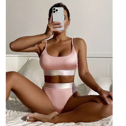 High Waist Bandage Bikini Set For Women Pink Patchwork Bikinis Push Up Deep-V Brazilian Biquini Swimwear Swimsuit Beachwear