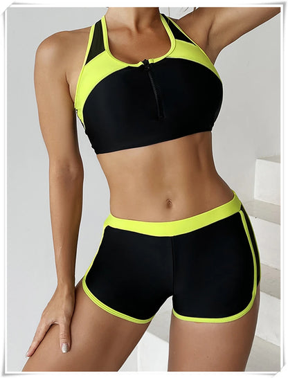 Two Piece Swimsuit Women Zipper Tankini Set High Waist Shorts Swimwear Female Bathing Swimming Suit Sports Beachwear Summer