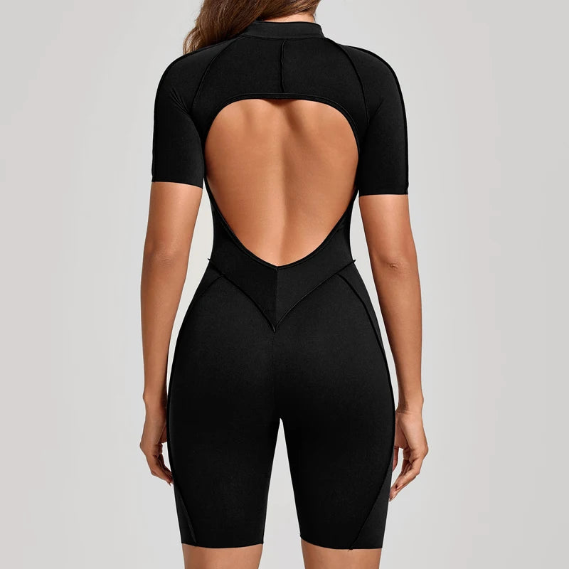 Women's Short-Sleeve Zip-Front Open-Back Workout Playsuit
