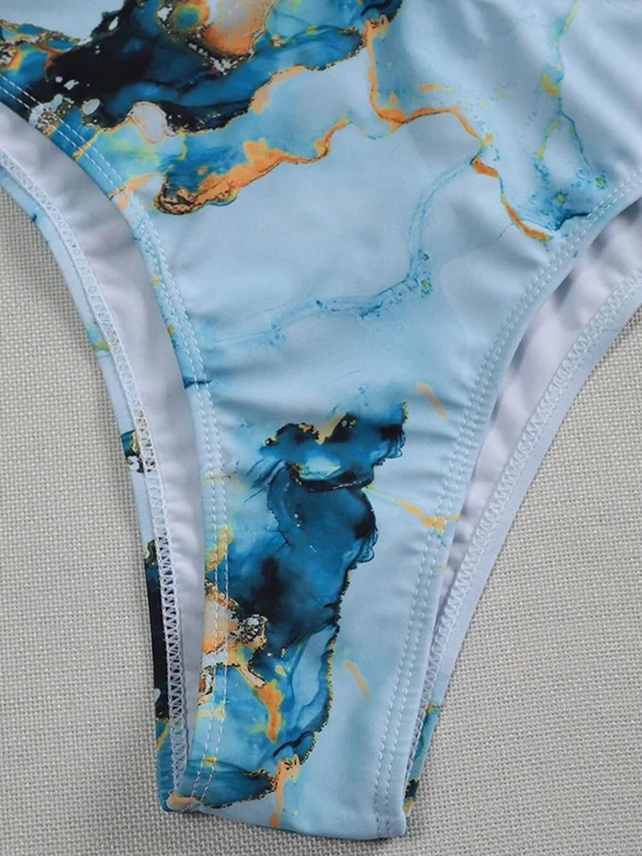 Marble Print One Shoulder Women Swimwear One Piece Swimsuit Female Monokini Bather High Cut Out Bathing Suit Swim