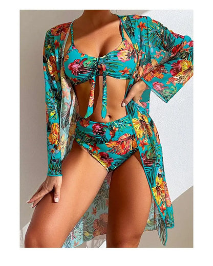 Split Three Piece Floral Printed Swimsuit Women Bikini Set Wireless Bra with Pad Sport Top Long sleeve Blouse Swimwear