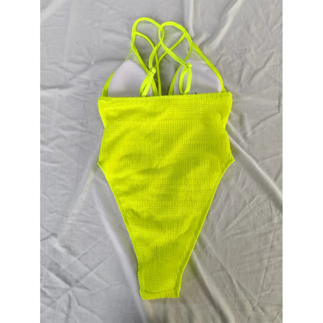 S - XXL 5 Colors V Neck Mesh Sheer Women Swimwear One Piece Swimsuit Female High Leg Cut Monokini Bather Bathing Suit Swim