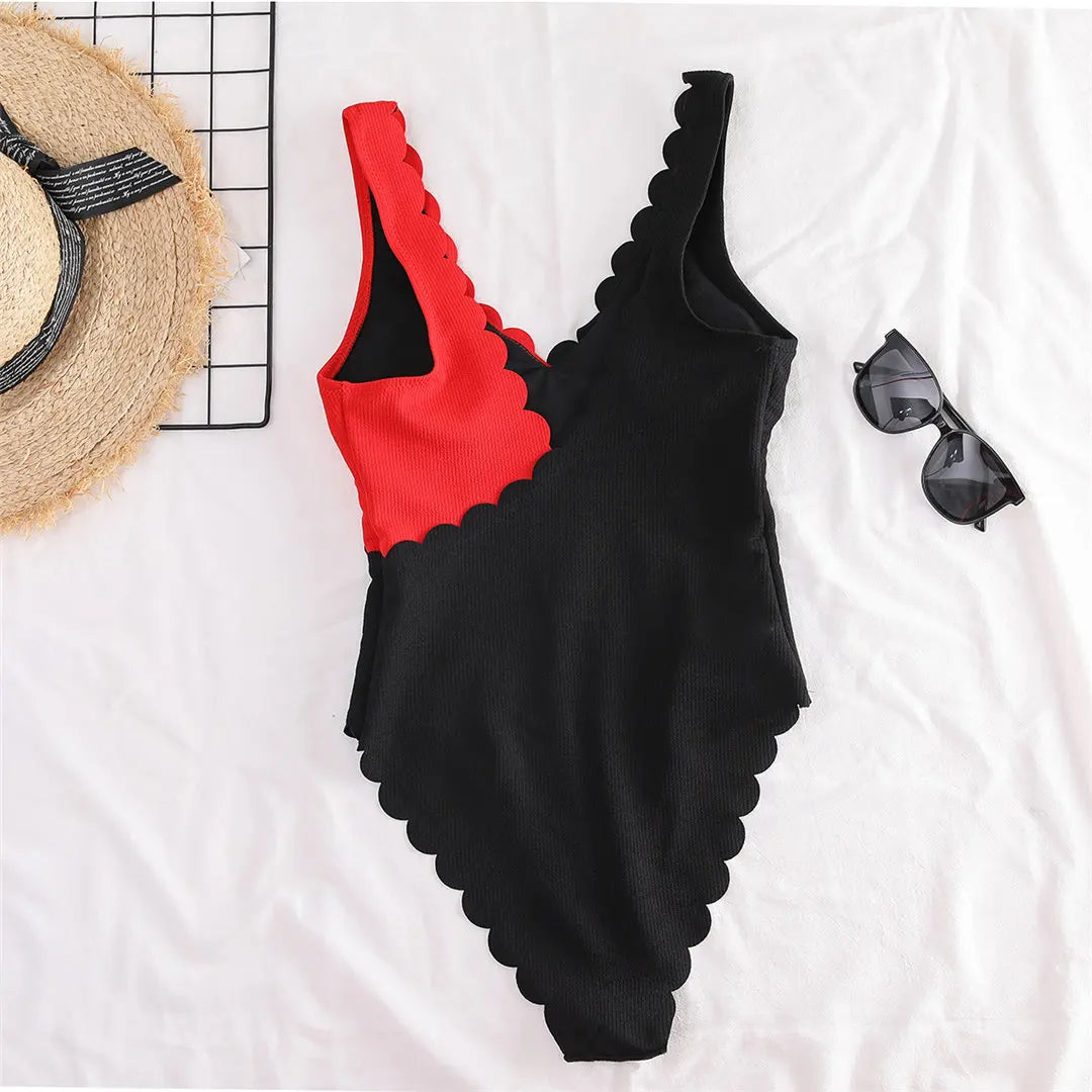 Scalloped Splicing High Cut One Piece Swimsuit Women Swimwear Female Ribbed Bather Bathing Suit Swim Lady