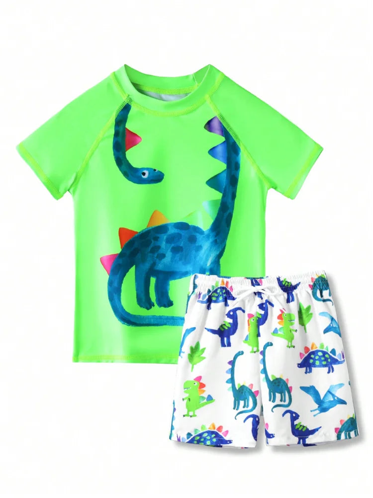 Boy Kids Swimsuit Green Short Sleeve Cartoon Dinosaur Children Swimwear Summer Beach Wear Shorts Bathing Suit Swimming