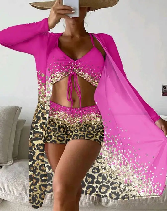 3Pcs Swimwear Contrast Leopard Print Drawstring Bikini Set Cover Up for Women Vacation Beach