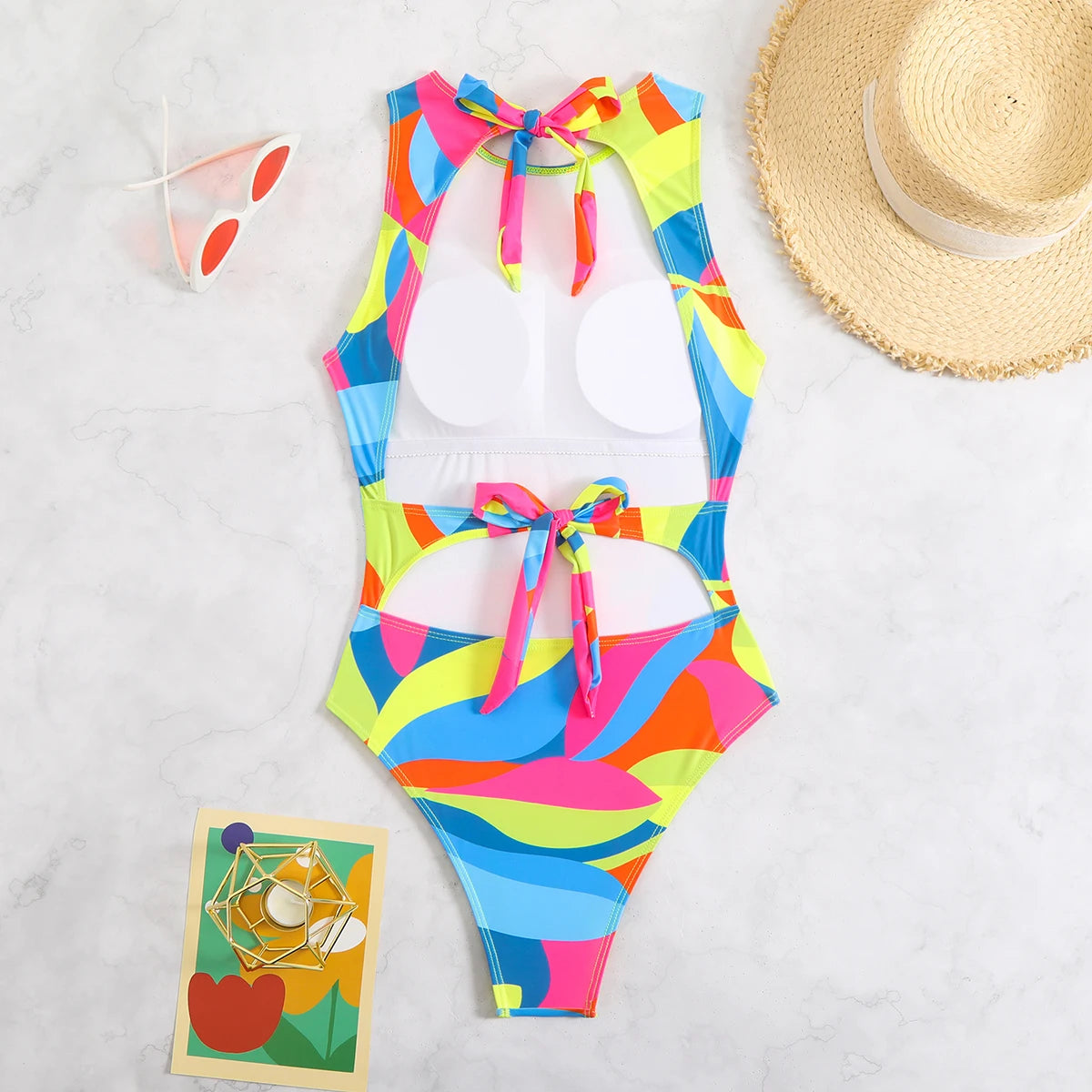 Color Block Swimsuit One Piece Backless Printed Swimwear Women Bathers Bathing Swimming Swim Suit Padded Beachwear Summer
