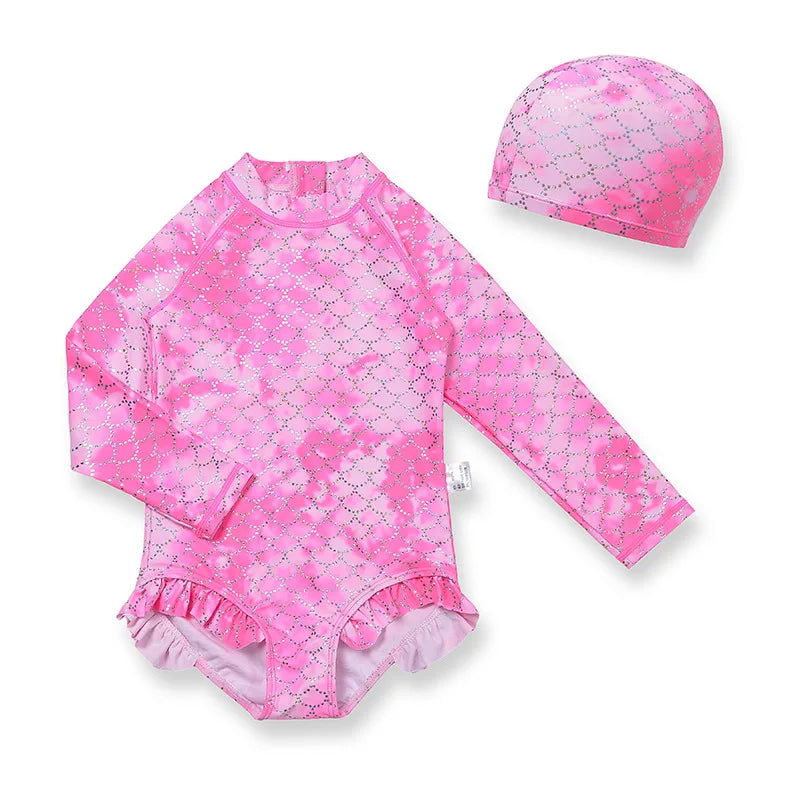 Girls One-piece Swimsuit Mermaid Cute Sunscreen Baby Girl Quick-drying Children's Swimsuit Long Sleeves Swim Wear for Hot Summer