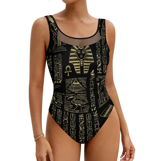Retro Letter Print Swimsuit Egyptian Hieroglyphs Push Up Swimwear One-Piece Vacation Bath Bathing Suit Bodysuit Beach Outfits