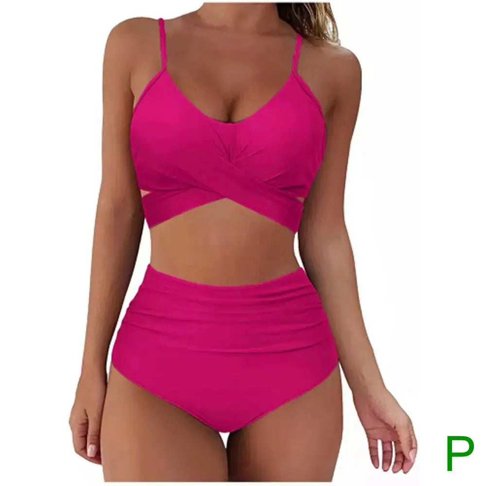 Bikini Two Piece Suit Cross Front Slim High Waisted Bottom Solid/Print Breathable Quick Drying Beachwear