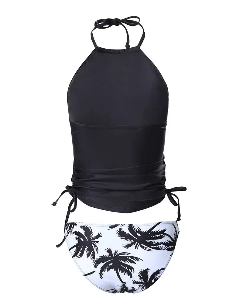 Coconut Tree Print Drawstring Ruched Halter Tankini Set Women 2pcs Clothes Suit Spring Summer Bikini Swimwear Bathing Clothing