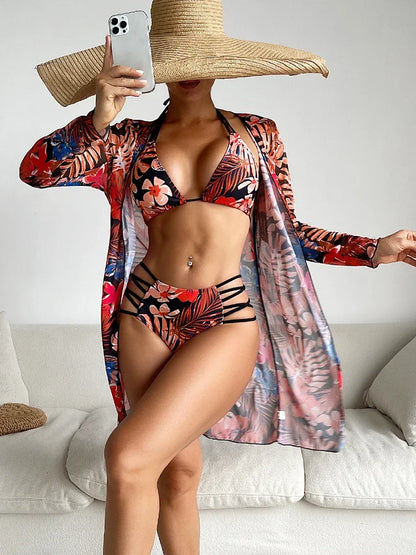 Print Swimsuit Women Hollow Out Bikini Bathing Suit Long Sleeve Cover-Ups Summer Swimwear Holiday Three-piece Beachwear Bikini