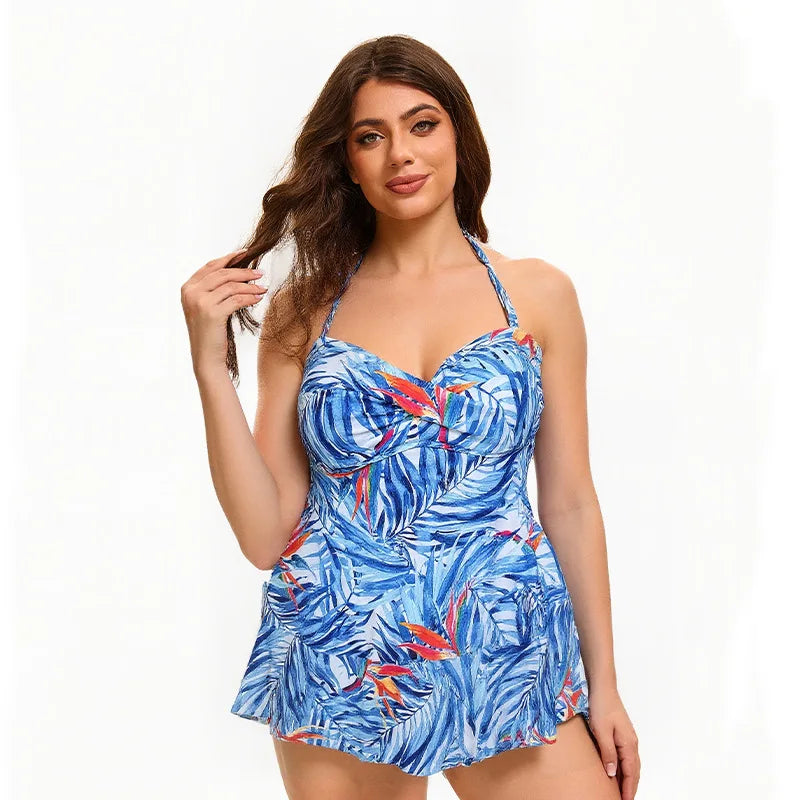 Women's Plus Size Tropical Print Skirted Two-Piece Swimsuit - Halter Top & Boyleg Bottom, Flattering Beach Swimwear for Vacation