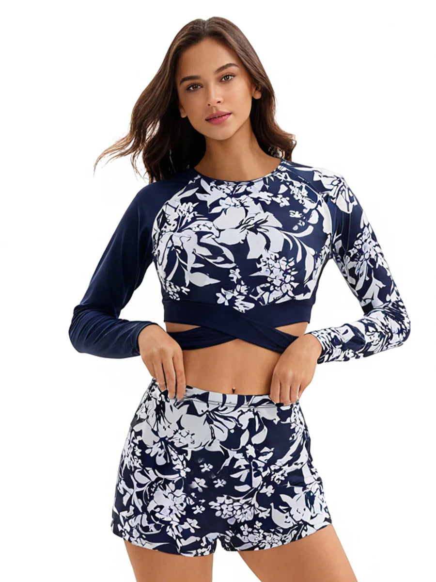 Long-Sleeve Two-Piece Rash Guard Swimsuit for Women, Printed, Conservative, Sun-Protective Surf Suit, High-Waist