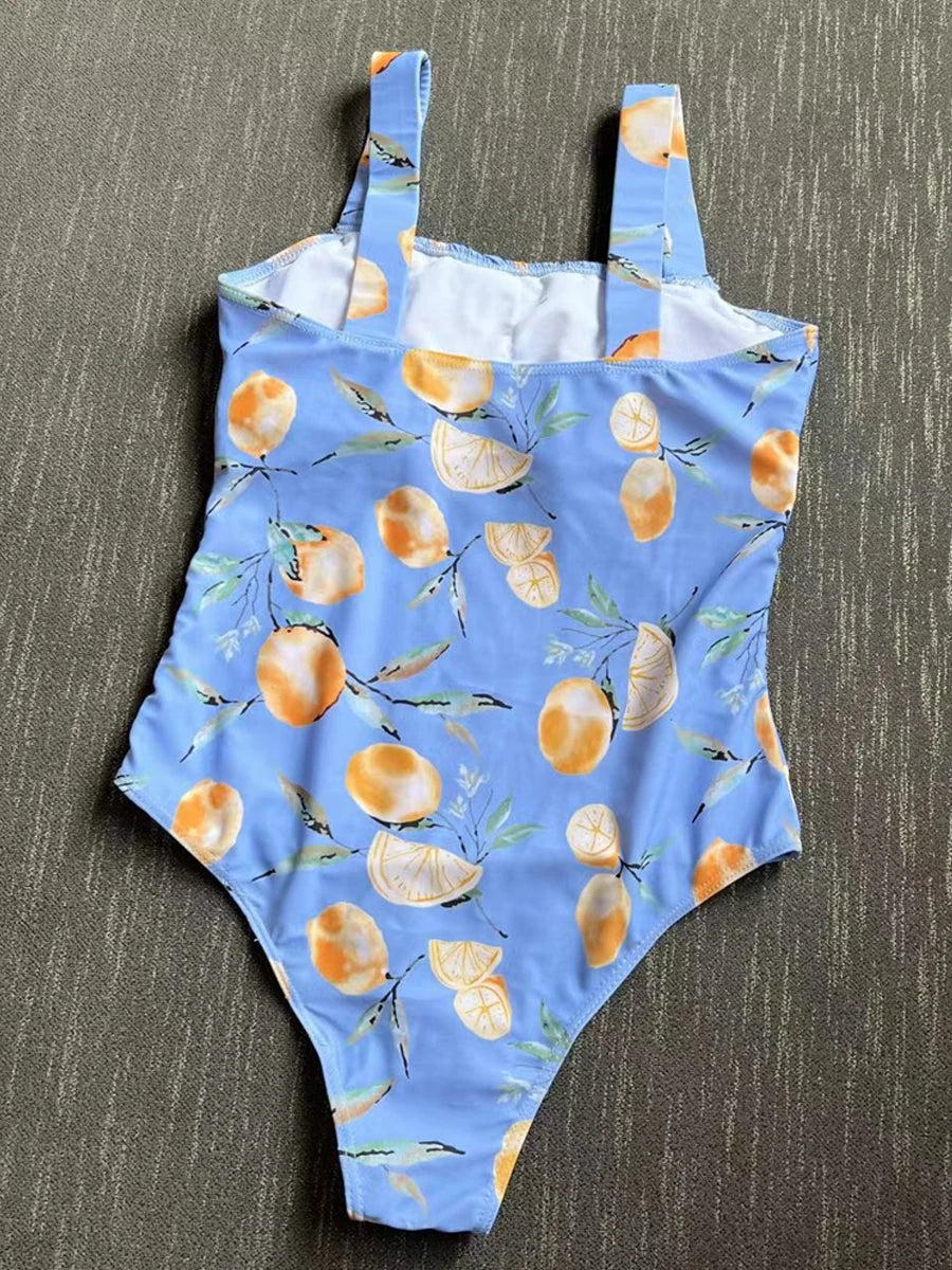 Pleated Front Swimsuit One Piece Printed Swimwear Women Bodysuit Lady Bathers Bathing Swimming Swim Beachwear Summer