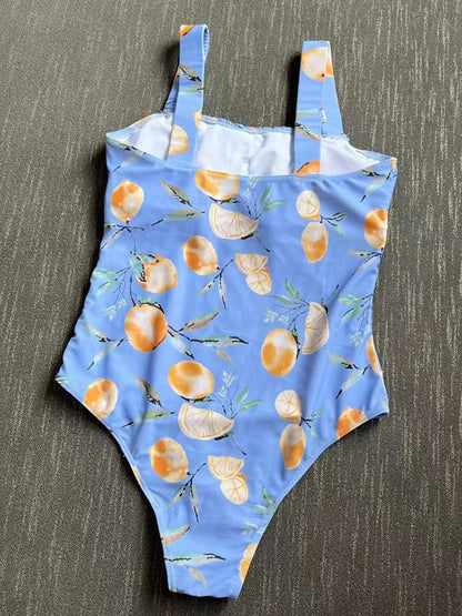 Pleated Front Swimsuit One Piece Printed Swimwear Women Bodysuit Lady Bathers Bathing Swimming Swim Beachwear Summer