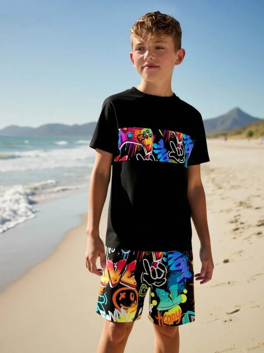 Boys' Black Game-Console Short-Sleeve Rash Guard & Shorts Set