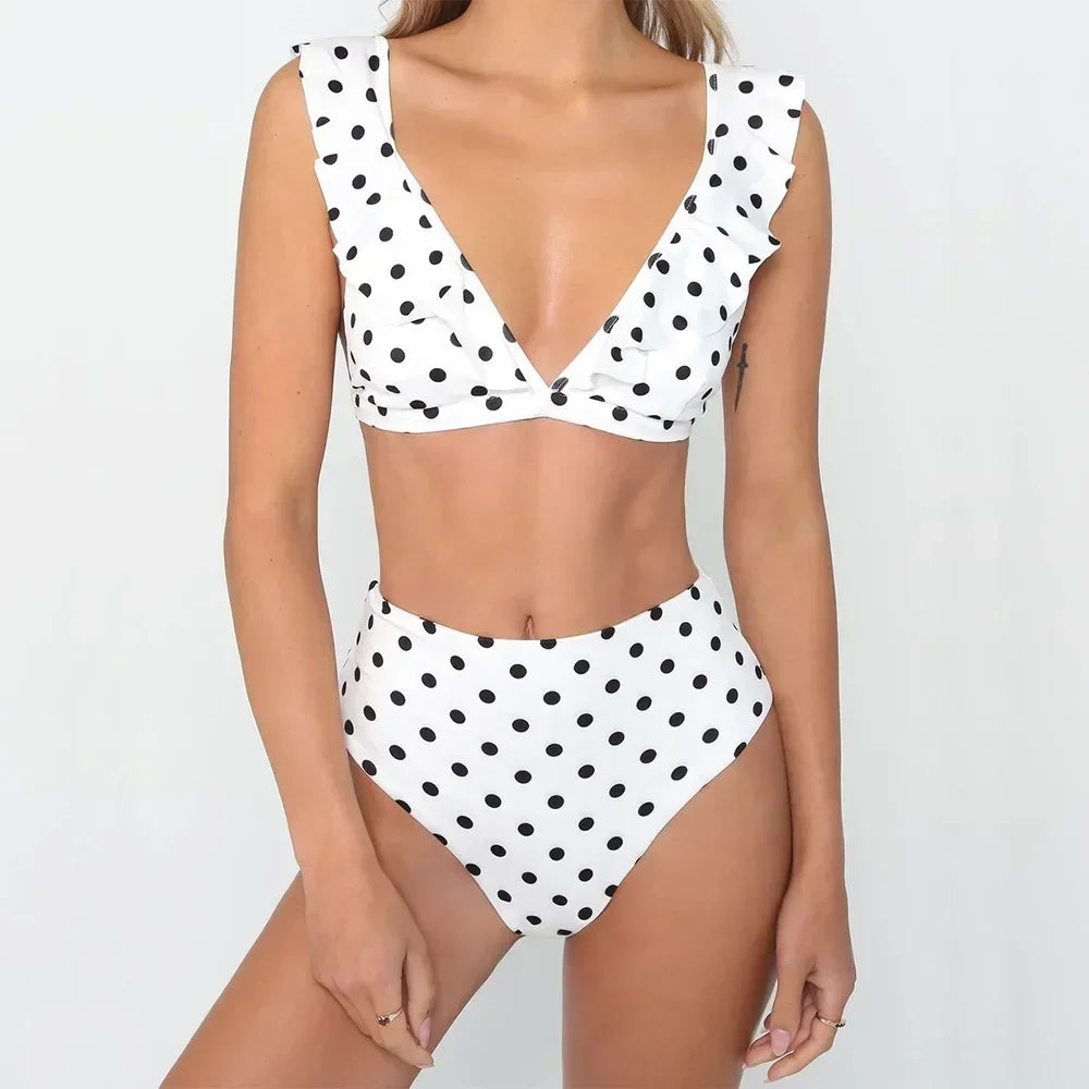 Bikini Women Swimwear Swimsuit Dot Ruffle High Waist Deep V Bikinis Set Beach Bathing Suit Female Trajes De Bano Mujer