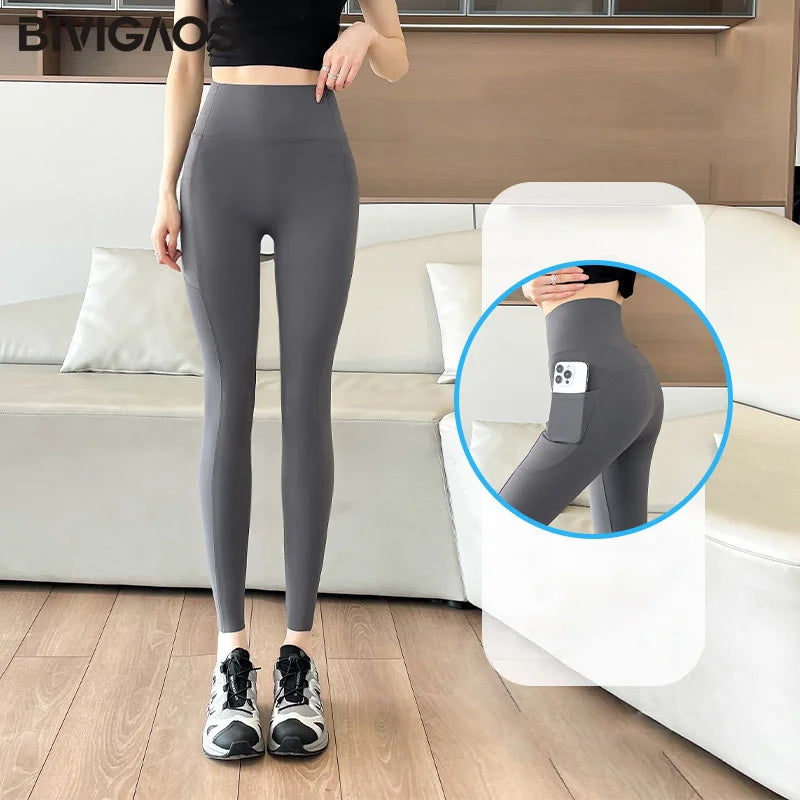 Side Pocket Sharkskin Leggings Women High Waist Tight Fitness Yoga Leggings Push Up Running Leggings