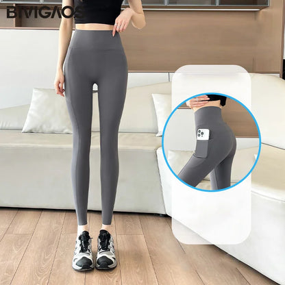 Side Pocket Sharkskin Leggings Women High Waist Tight Fitness Yoga Leggings Push Up Running Leggings