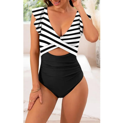 Nadanbao Fashion Elegance One-Piece Swimsuit Women Plicated Bikini Female Hollow Out Backless Flounce Beach Party Swimming Suit