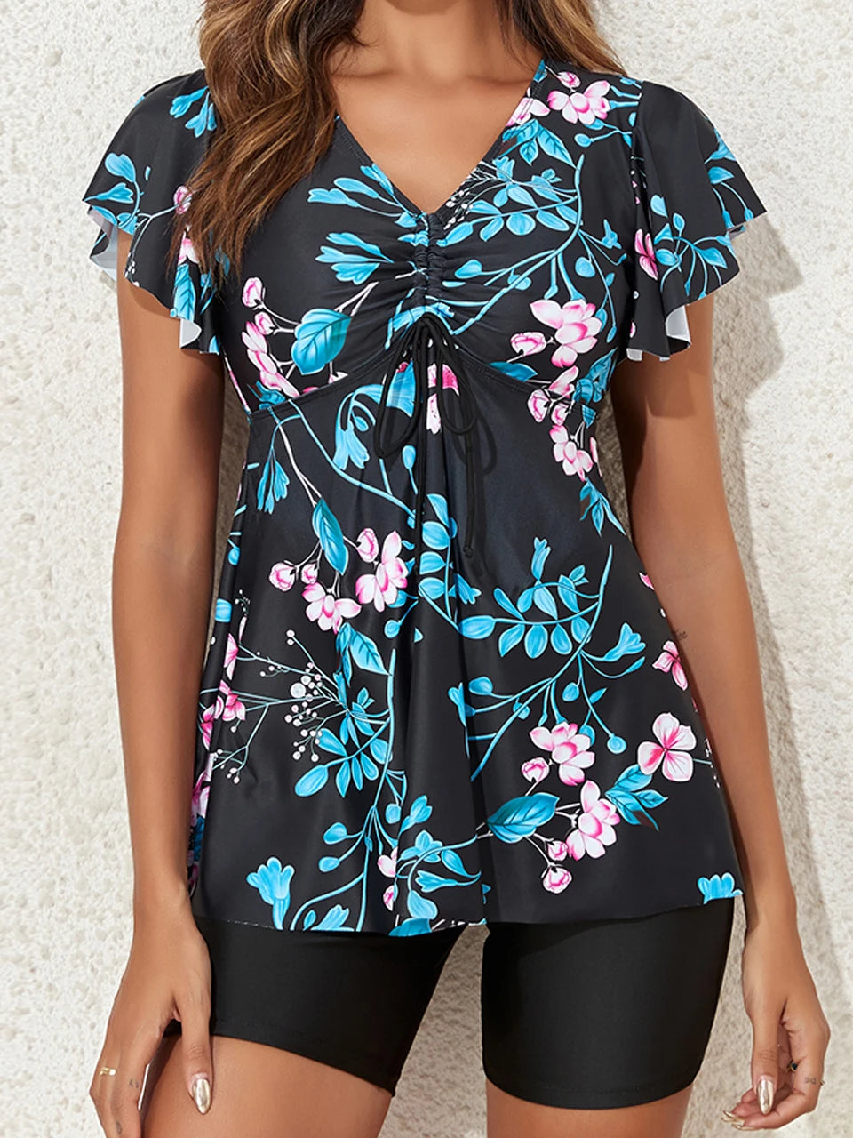 Front Drawstring Swimsuit Women V Neck Two Piece Printed Tankini Set Summer Beachwear Swimwear Female Bathing Swimming Suit