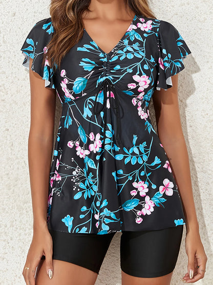 Front Drawstring Swimsuit Women V Neck Two Piece Printed Tankini Set Summer Beachwear Swimwear Female Bathing Swimming Suit