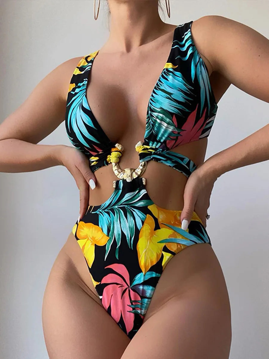 Leaves Printed High Cut Out Women Swimwear One Piece Swimsuit Female High Waist Monokini Bather Bathing Suit Swim Lady