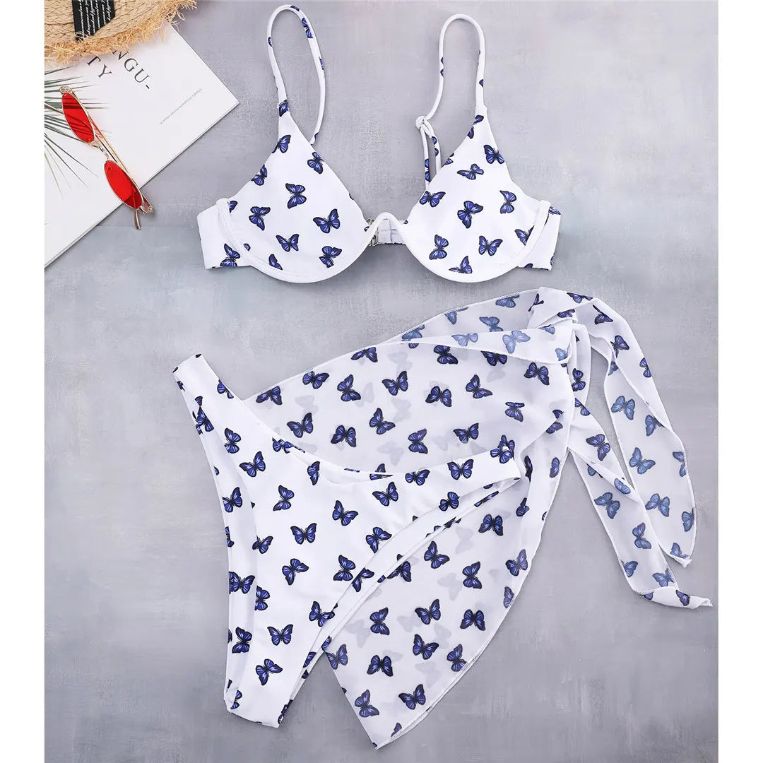 Butterfly V-bar Underwire Bikini Female Swimsuit Women Swimwear Three-pieces Bikini set Sarong Bather Bathing Suit Swim