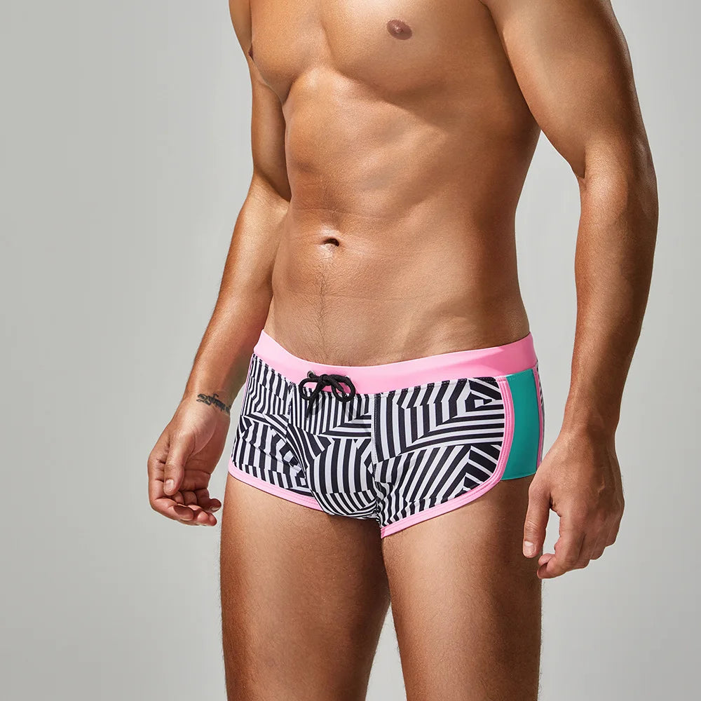 Men's Flat Angle Swimming Trunks for Hot Spring Soaking Nylon Fabric Adult Male Swimwear with Striped Pattern