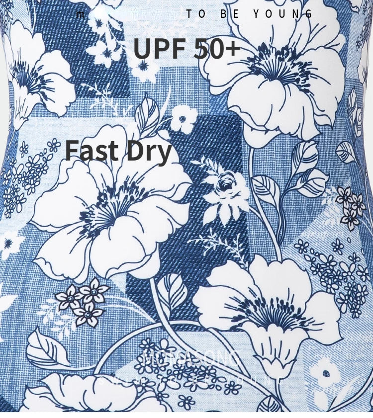 Women Vintage Racing One-piece Swimwear Sun Protection Professional Competition Flower Printed Swimsuit Training Bikini