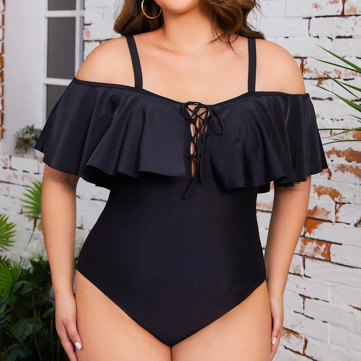 Plus Size Swimwear Women One-piece One Shoulder Solid Swimsuit Beachwear Ruffles Lace Up High Waist Bathing Suit 4XL