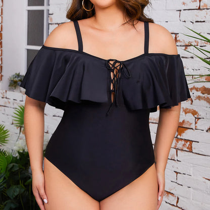 Plus Size Swimwear Women One-piece One Shoulder Solid Swimsuit Beachwear Ruffles Lace Up High Waist Bathing Suit 4XL
