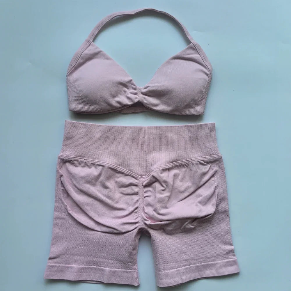 2PCS Gym Set Women Strappy Yoga Bra Top High Waist Workout Scrunch Shorts Sports Suit Seamless Yoga Set Fitness Clothes