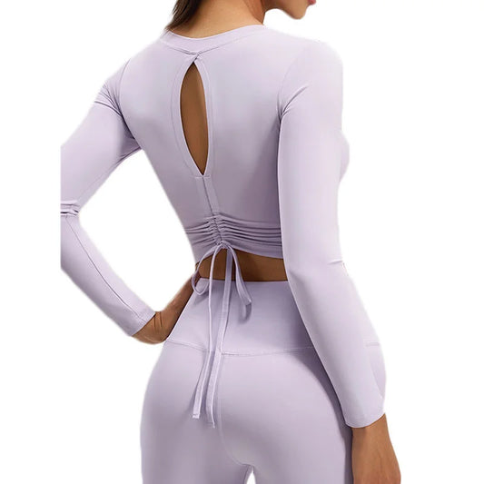 Women's Long-Sleeve Cut-Out Back Yoga Crop Top with Built-In Bra