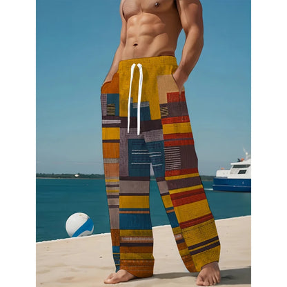Men's Casual Summer Trousers Colorful Patchwork Print Drawstring Lightweight Elastic Waist With Pockets Relaxed Fit Pants