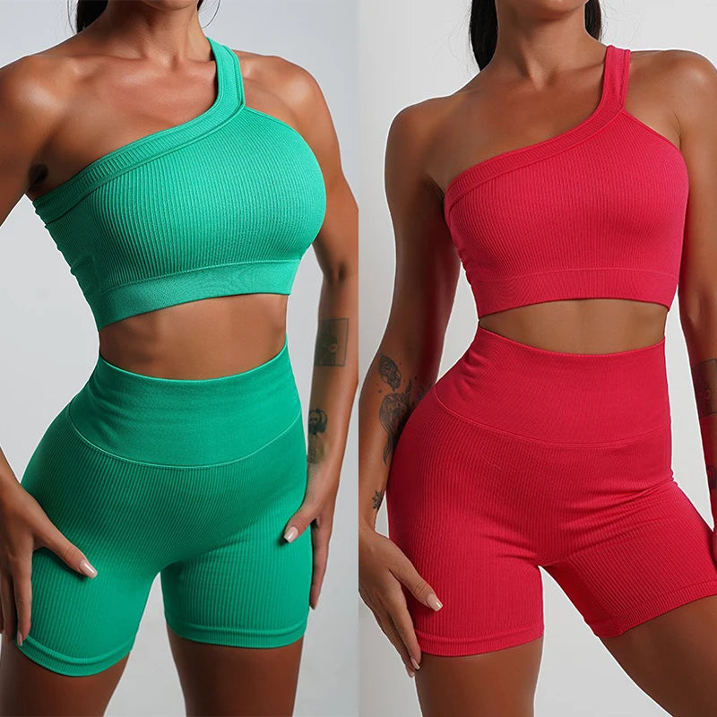 Ribbed Detachable Padded Yoga Crop Tops Women's Seamless Slanted Shoulders Tops Fitness Althetic Pilates Sportwear