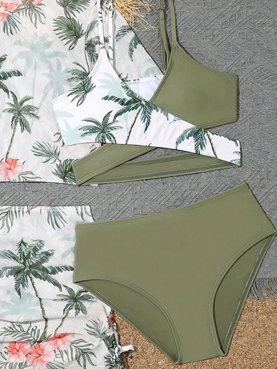 Print Cross 4 Pieces Bikini Girls Swimsuit Kids Swimwear Female Children's Bathers Bathing Swimming Swim Suit Beachwear