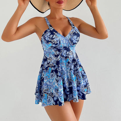 Print Tankini Swimwear Women's Dress Swimming Trunks Set V-neck Suspender Backless Beach Vacation Bathing Suit