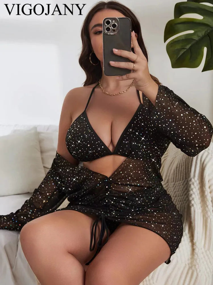 Black 3 Piece Mesh Smock Plus Size Bikini Set Women Tied Halter Push Up Big Swimsuit Backless Bathing Suit