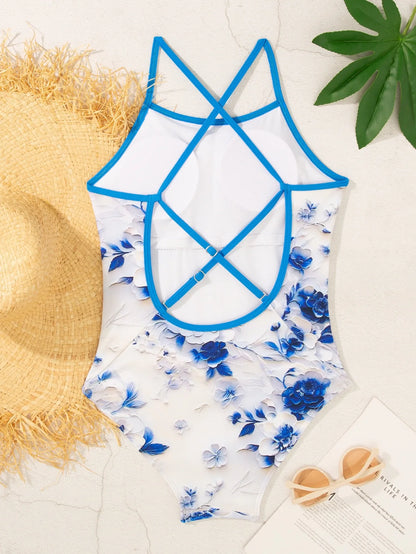 Racing swimsuit women's hot spring swimming pool print one-piece swimsuit nylon high elastic bikini
