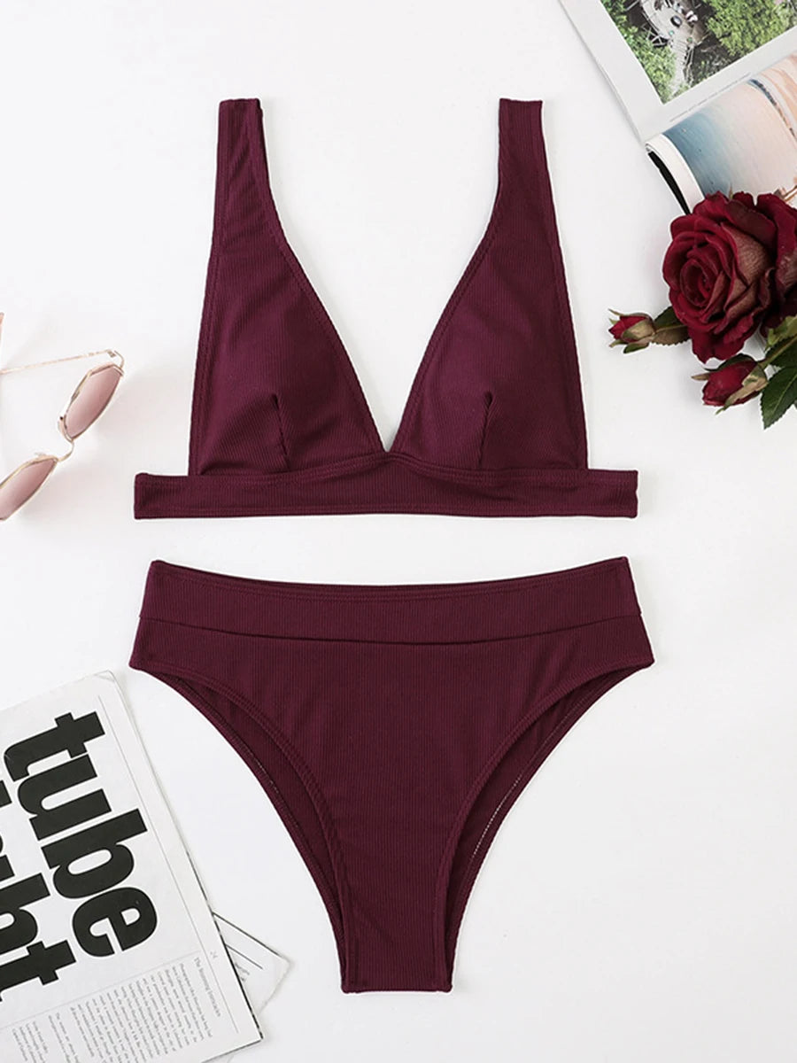 V Neck Bikini Women High Waist Swimsuit Female Padded Swimwear Bathers Bathing Swimming Swim Suit Summer Beachwear