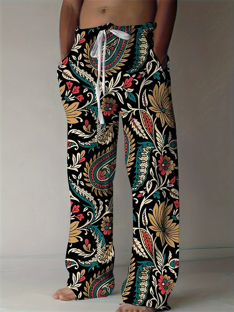 Fashion Men's Casual Pants Vintage Ethnic Print Men's Casual Pants Beach Travel Wide Leg Pants Street Oversized Men's Trousers