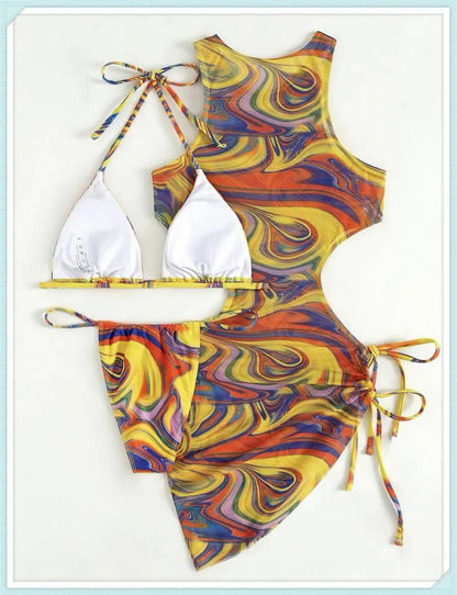 3 Piece Print Halter Triangle Bikini Sets Women Cover Up Swimwear Summer Swimsuit Female Bathing Swimming Suit Beachwear