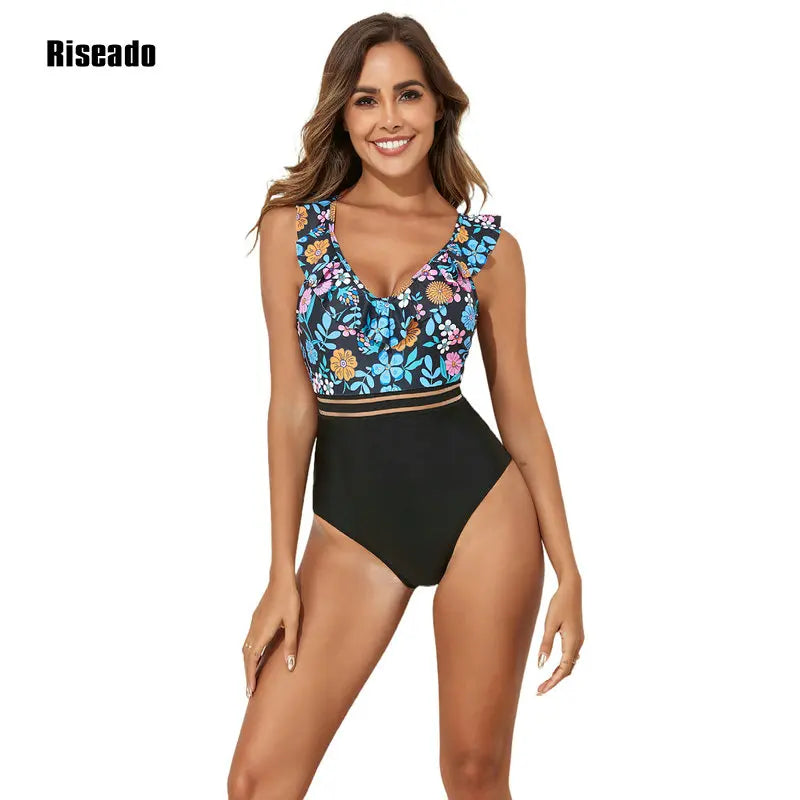 Riseado Ruffled One-Piece Swimsuit For Women Floral Sexy V-neck Backless Monokini Swimwear 2024 Mesh Bathing Suit Beachwear